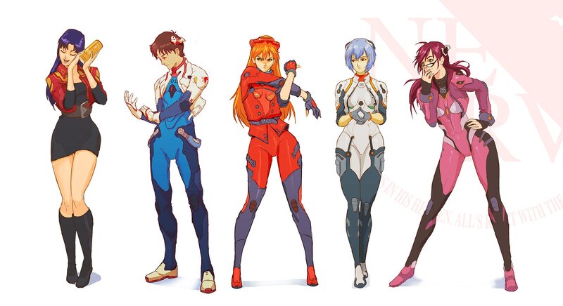 Five Anime Characters — Red, Confident, Digital Art