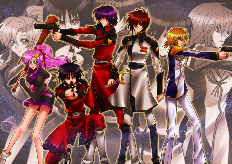Five Anime Characters — Red, Dramatic, Night, Guns