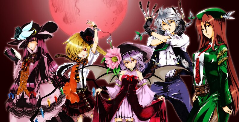 Five Anime Characters — Red, Dramatic, Night, Moon