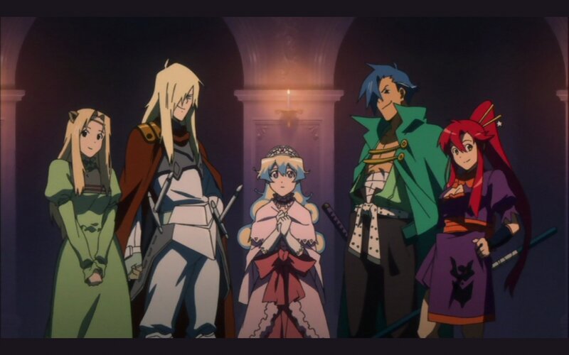Five Anime Characters Standing — Purple, Dramatic