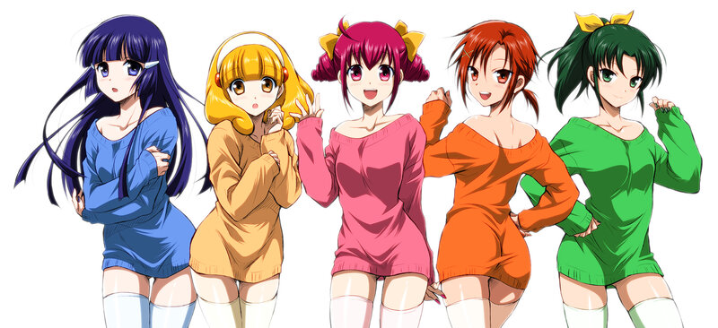 Five Anime Girls — Blue, Playful, Sweaters