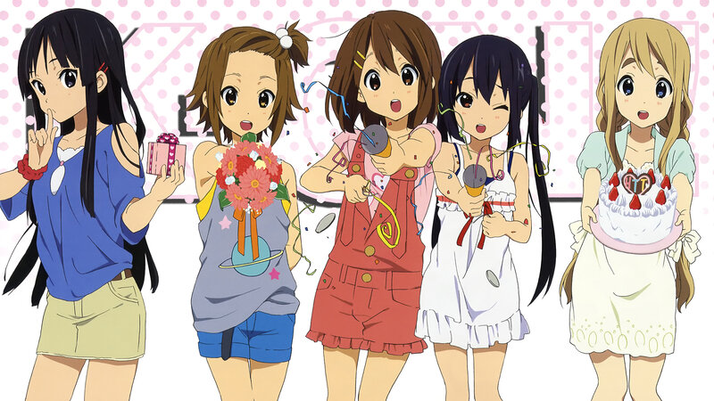 Five Anime Girls Celebrating — Pink, Festive