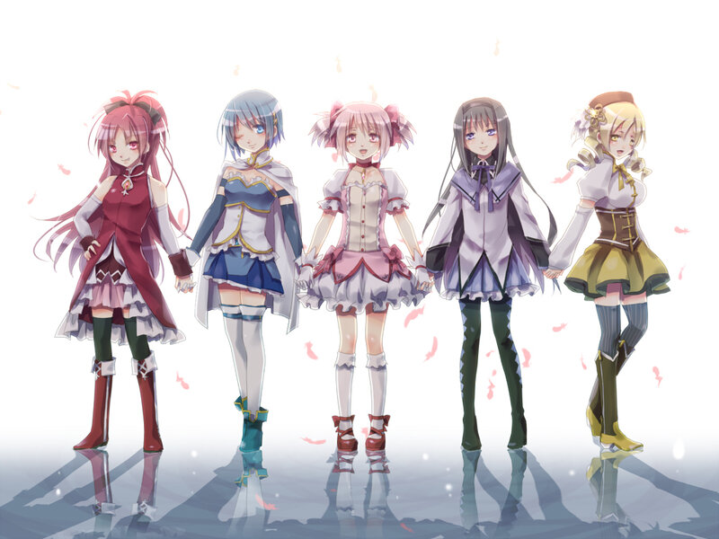 five anime girls holding hands