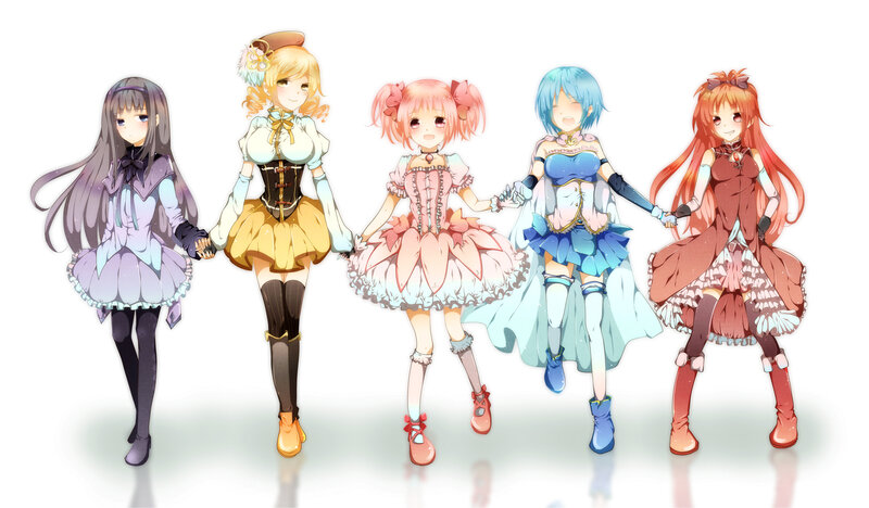 Five Anime Girls Holding Hands — White
