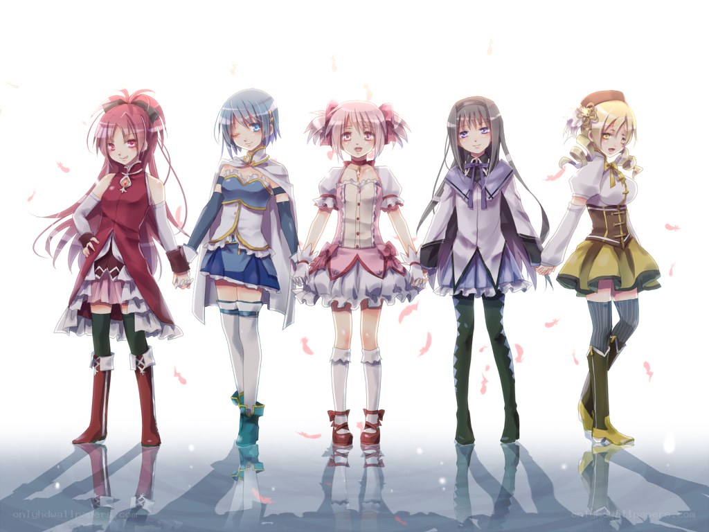five anime girls holding hands