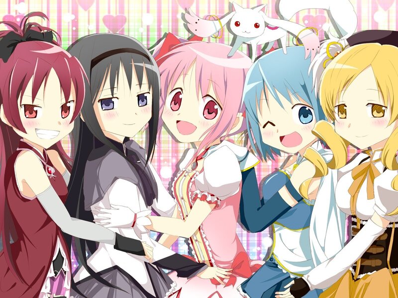 Five Anime Girls Hugging — Pink, Happy, Cat