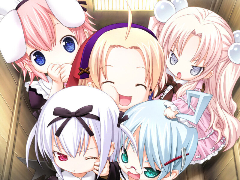 Five Anime Girls Hugging — Pink, Playful, Chibi