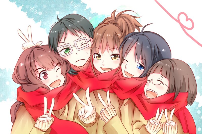 Five Anime Girls Hugging — Red