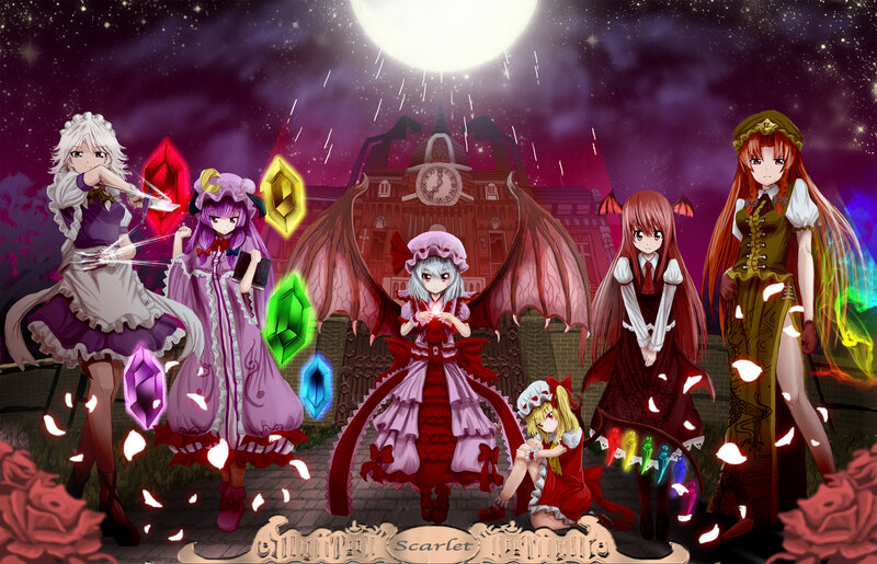 Five Anime Girls in a Courtyard