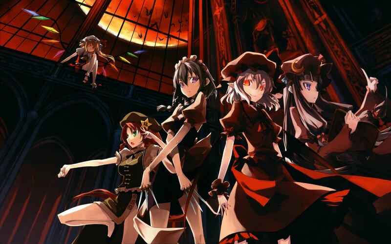 Five Anime Girls in a Hall