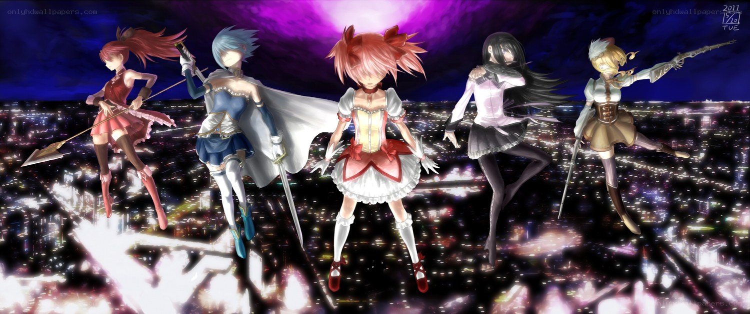 five anime girls in action