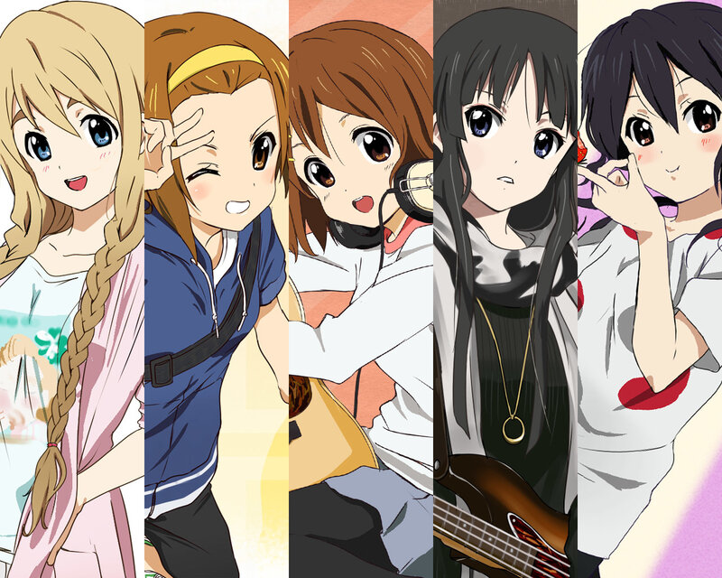 Five anime girls in band poses