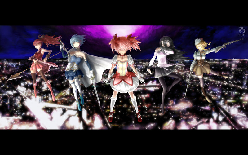 Five anime girls in battle poses