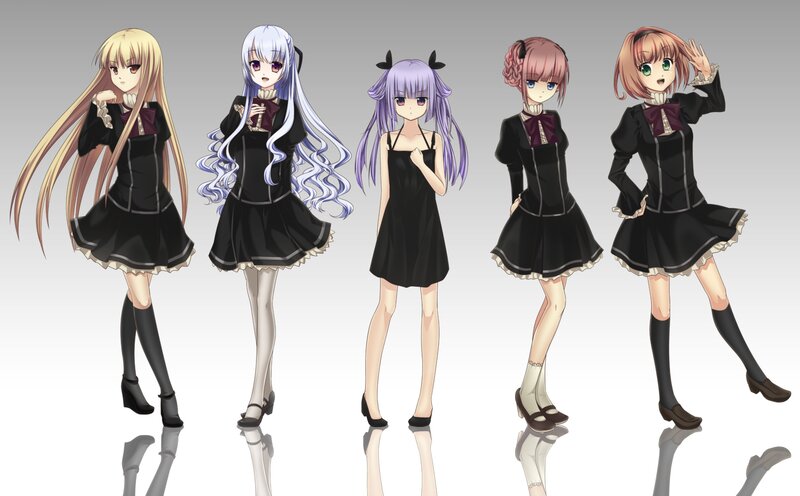 five anime girls in black dresses