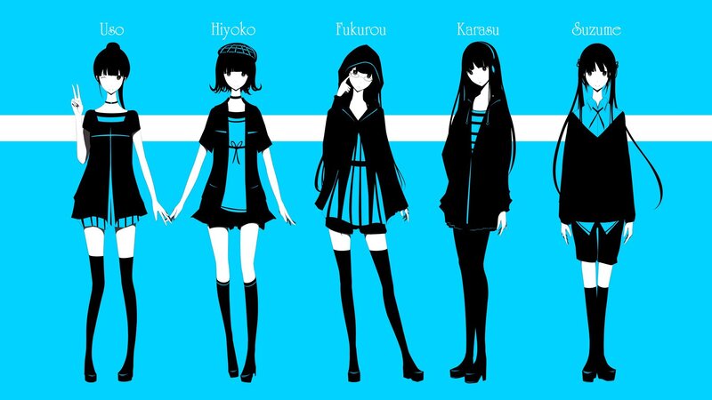Five anime girls in black outfits