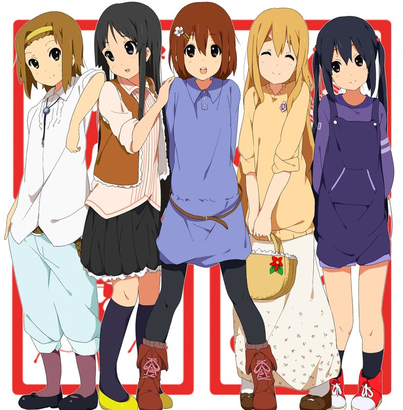 Five anime girls in casual clothes