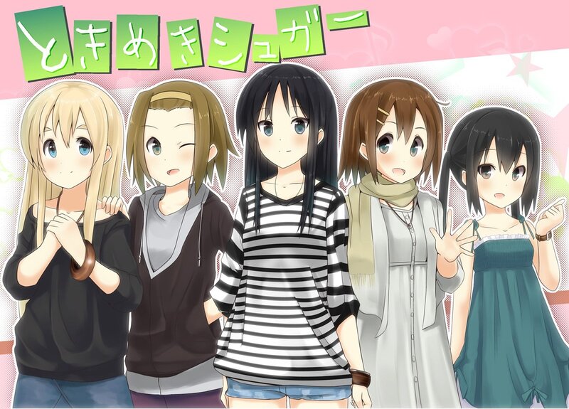 Five anime girls in casual clothes
