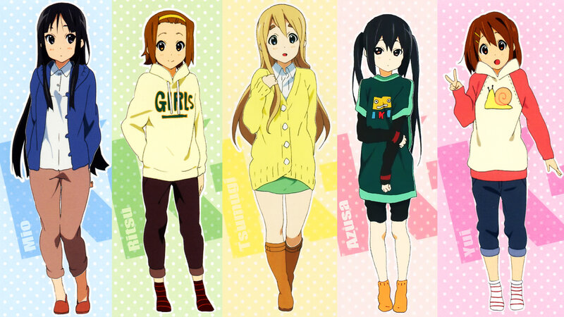 Five anime girls in casual clothes