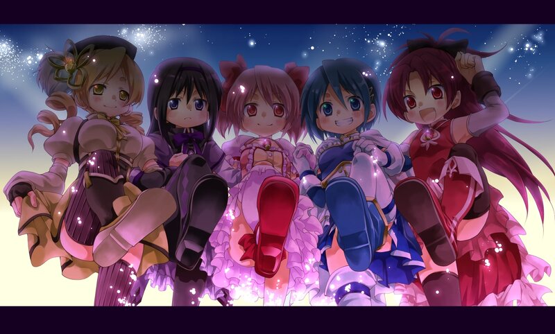 five anime girls in colorful dresses