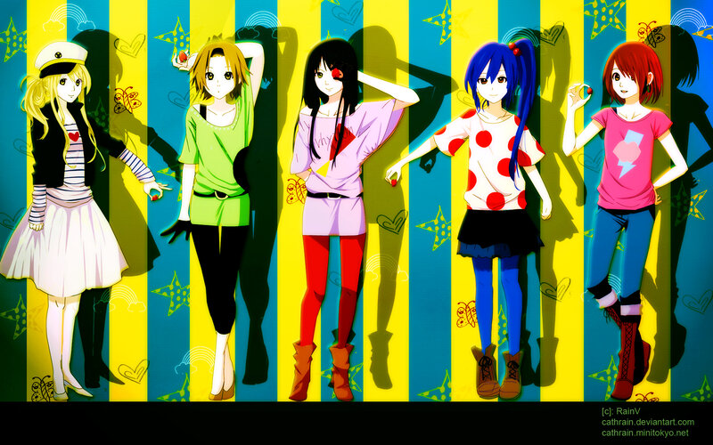 Five anime girls in colorful outfits