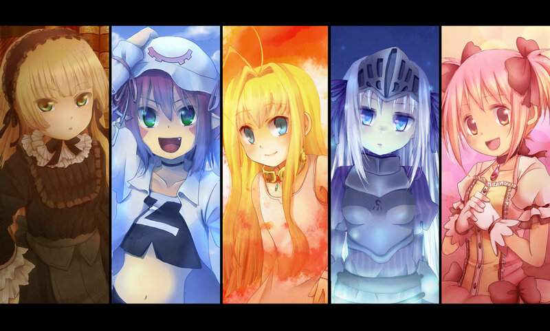 Five anime girls in colorful panels