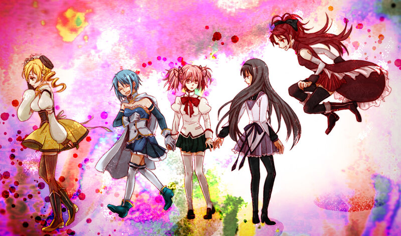 five anime girls in colorful scene
