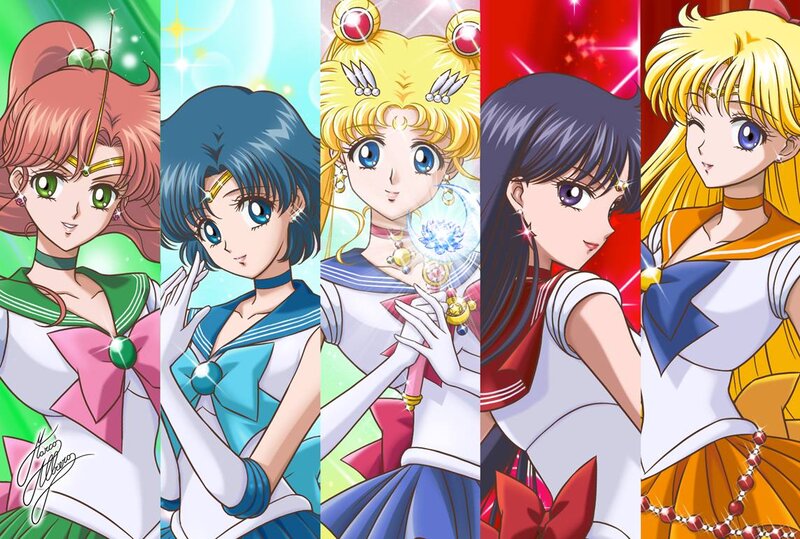 Five Anime Girls in Costumes — Blue, Dramatic, Bows