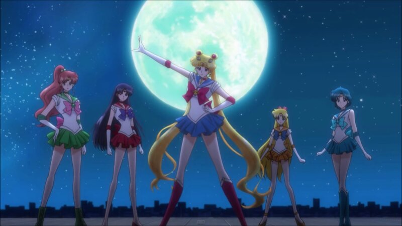 Five Anime Girls in Costumes — Blue, Dramatic, Night