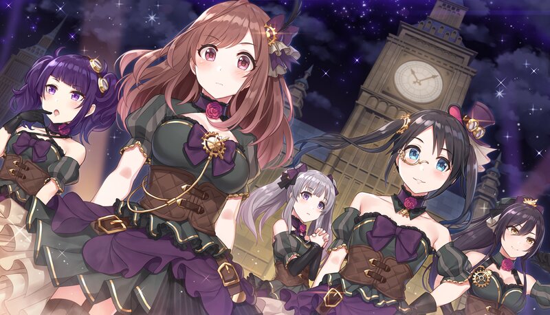 Five Anime Girls in Costumes — Purple, Dramatic