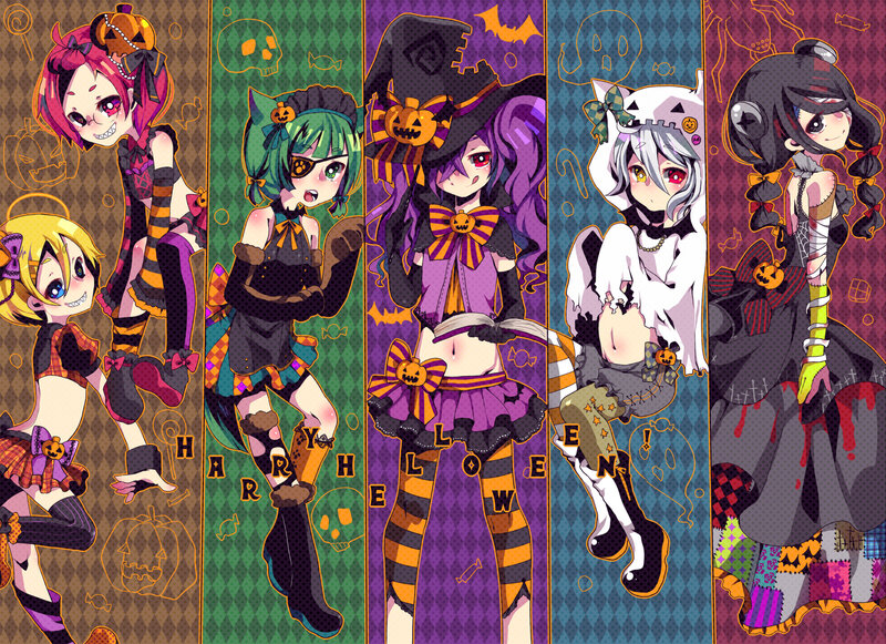 Five Anime Girls in Costumes — Purple, Festive
