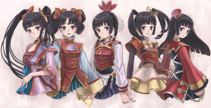 Five Anime Girls in Costumes — Red, Calm