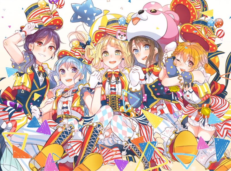 Five Anime Girls in Costumes — Red, Festive, Hats