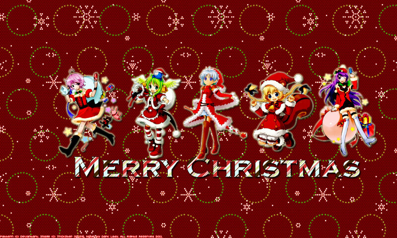 Five Anime Girls in Costumes — Red, Festive