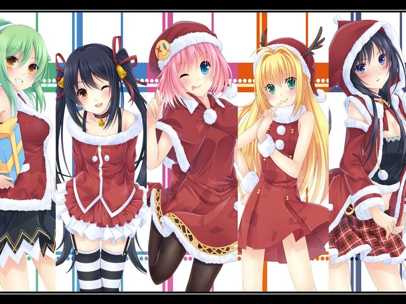 Five Anime Girls in Costumes — Red, Festive, Winter, Santa Hats