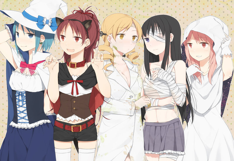 Five Anime Girls in Costumes — White