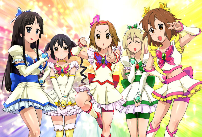 Five Anime Girls in Costumes — Yellow, Energetic, Sparkles