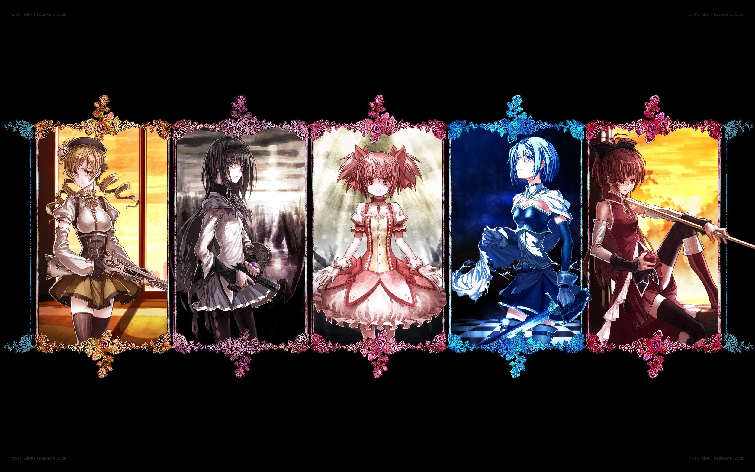Five anime girls in decorative frames