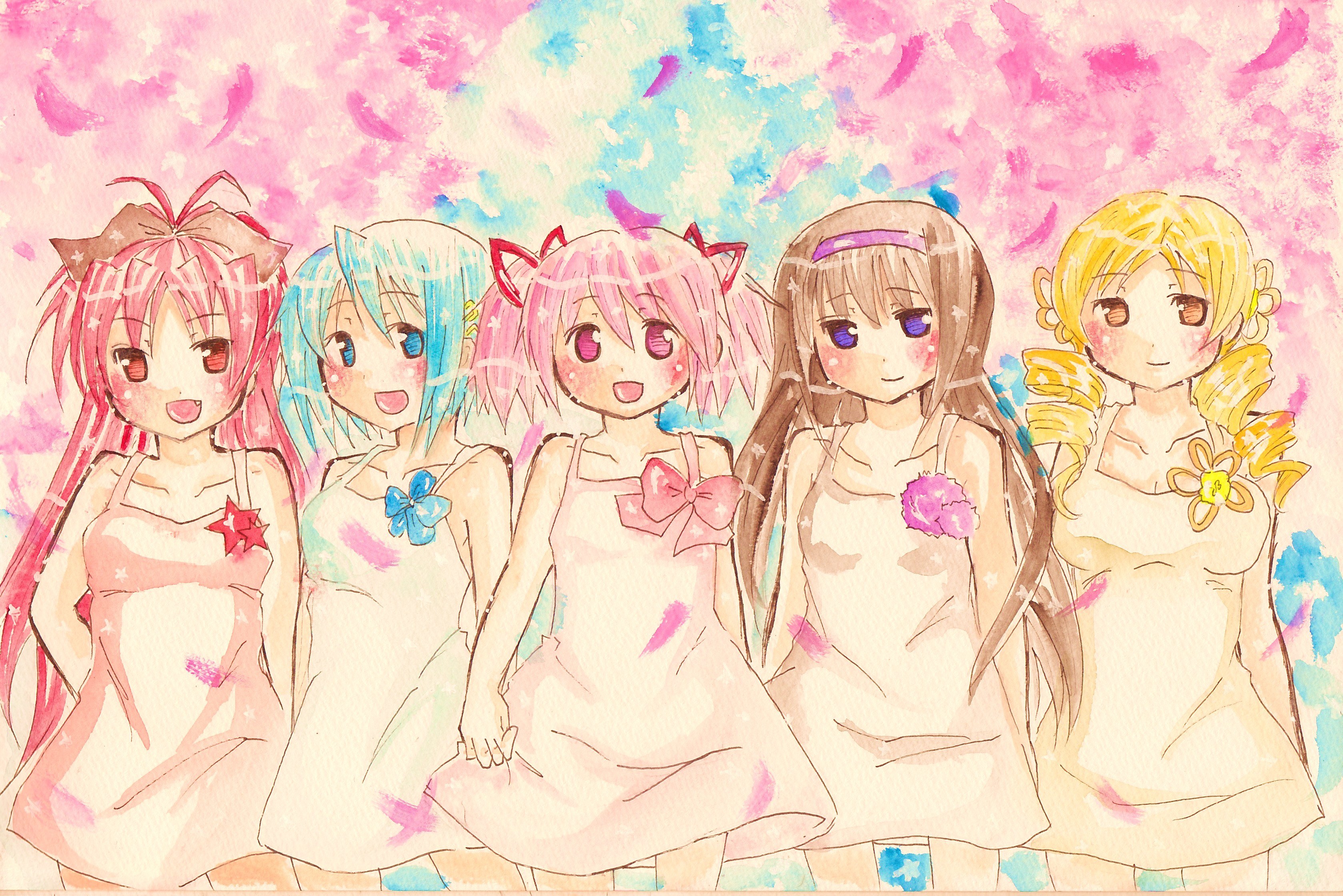 five anime girls in dresses