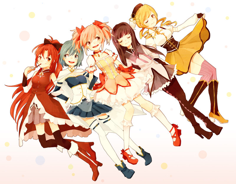 Five Anime Girls in Dresses — White, Playful