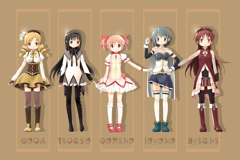 five anime girls in fantasy outfits