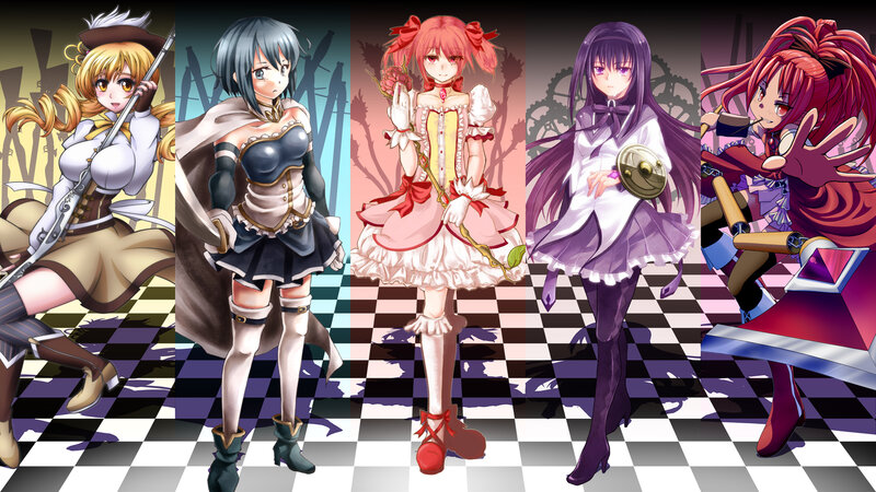 five anime girls in fantasy outfits