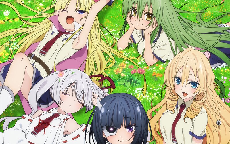 Five Anime Girls in Field — Green, Cheerful