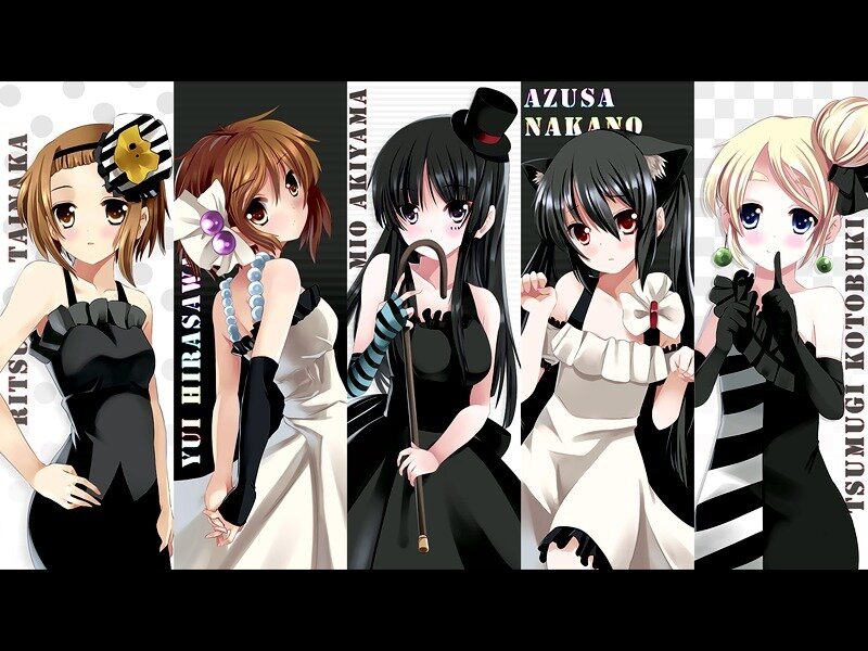 Five anime girls in formal wear