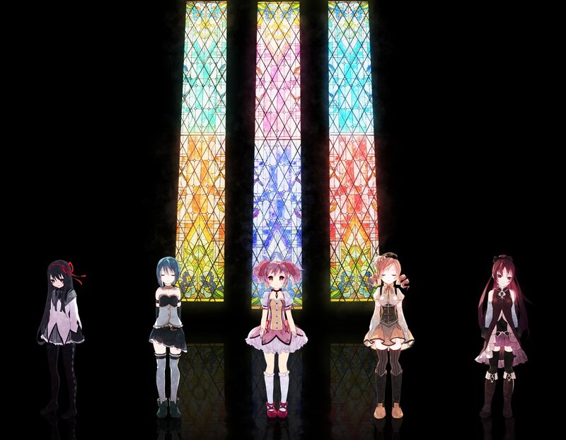 Five anime girls in front of stained glass