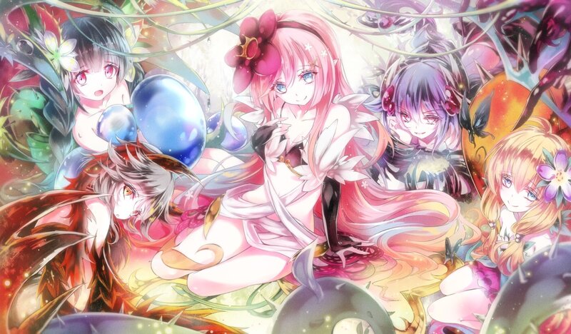 Five Anime Girls in Garden — Pink