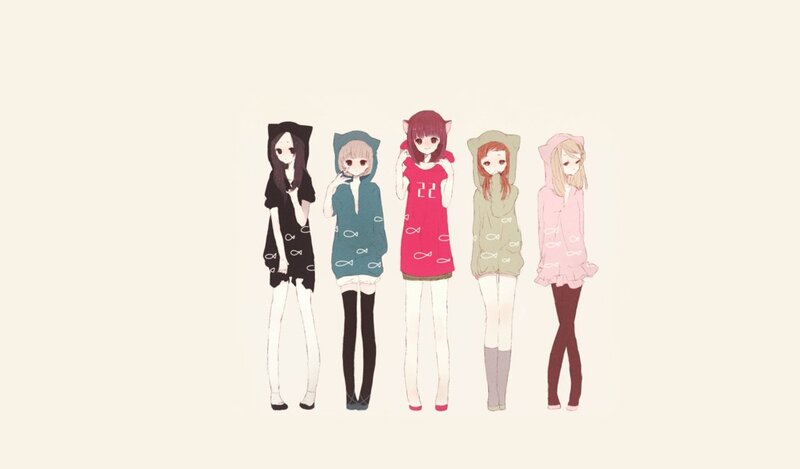 five anime girls in hoodies