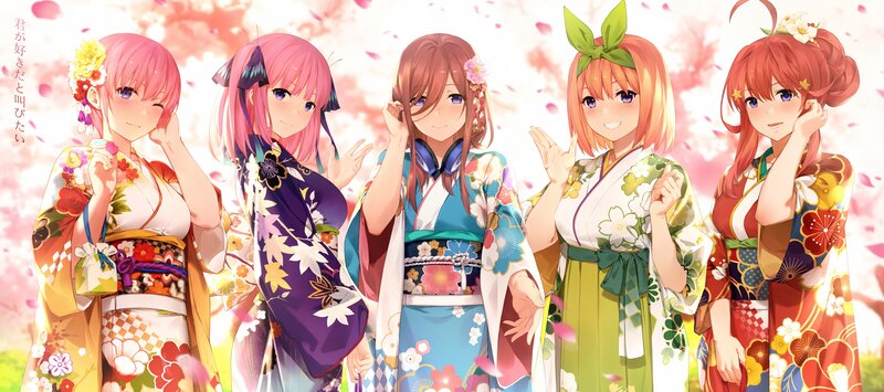 Five Anime Girls in Kimonos — Pink, Cheerful