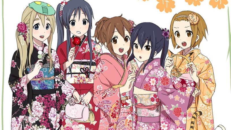 Five Anime Girls in Kimonos — Pink