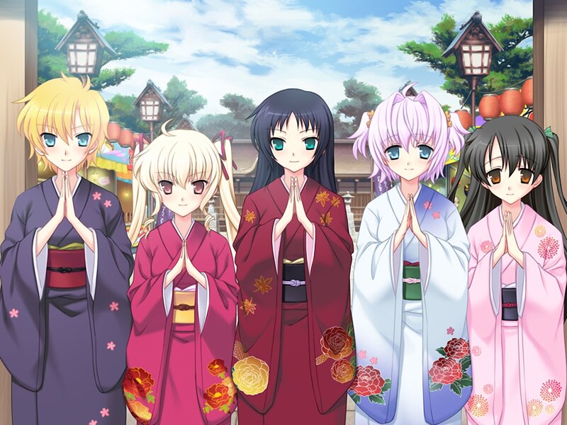 Five Anime Girls in Kimonos — Purple