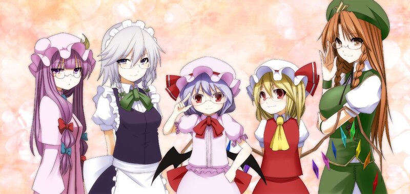 five anime girls in maid outfits